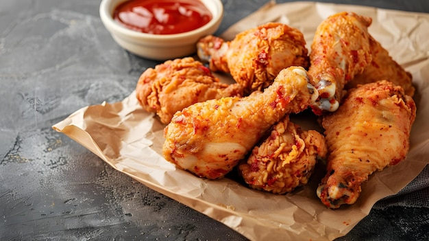 Crispy Spicy Fried Chicken Wings on Parchment Paper with Ketchup Dipping Sauce