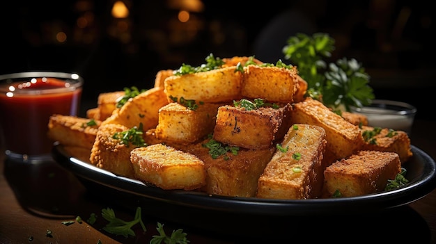 Photo crispy tater tots with savory salty spices with black and blur background