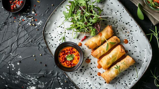 Photo crispy thai spring rolls served on plate with side of sweet chili sauce and fresh salad perfectly fried appetizer concept of asian cuisine starters flavorful snacks thai meals top view