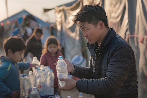 Photo critical impact of bottled water in addressing water scarcity challenges and providing lifesaving relief in refugee camps around world