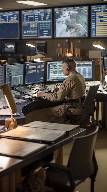 Critical operations soldier working at a control panel in the war room