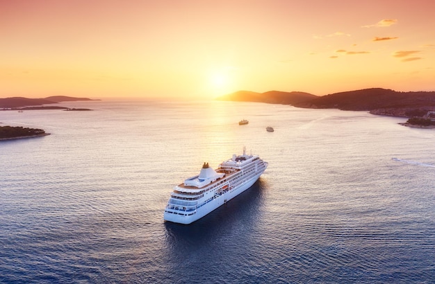 Croatia Aerial view at the cruise ship during sunset Adventure and travel Landscape with cruise liner on Adriatic sea Luxury cruise Travel image