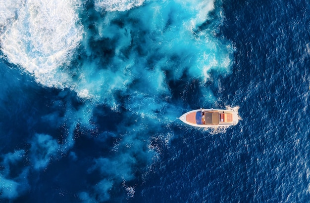 Croatia Aerial view of luxury floating boat on blue Adriatic sea at sunny day Yachts on the sea surface Travel image