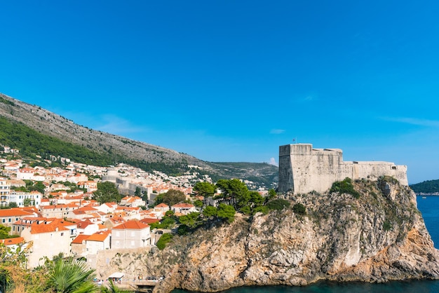 Croatia. Dubrovnik. Panoramic view of the old town and the fortress on the rock