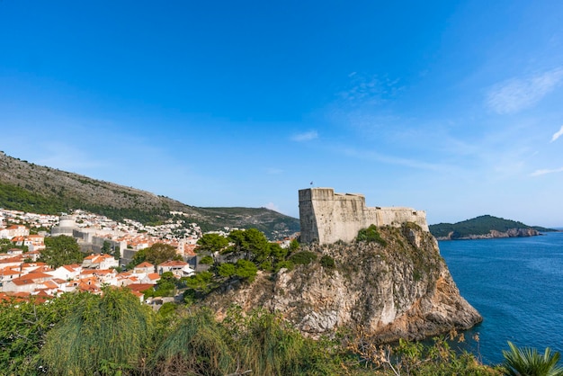 Croatia. Dubrovnik. Panoramic view of the old town and the fortress on the rock.