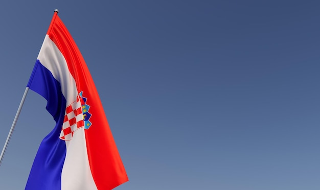 Croatia flag on flagpole on blue background Place for text The flag is unfurling in wind Croatian Zagreb Balkans 3D illustration