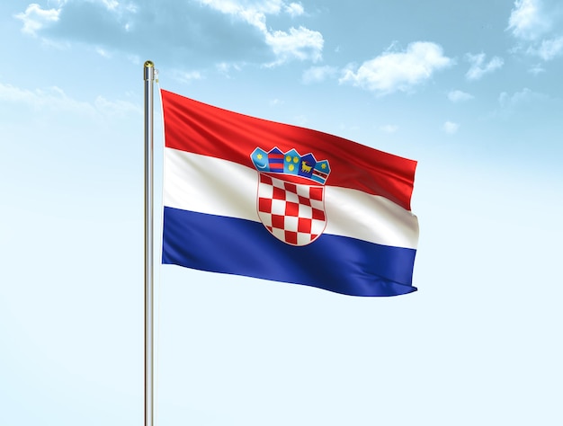 Croatia national flag waving in blue sky with clouds Croatia flag 3D illustration