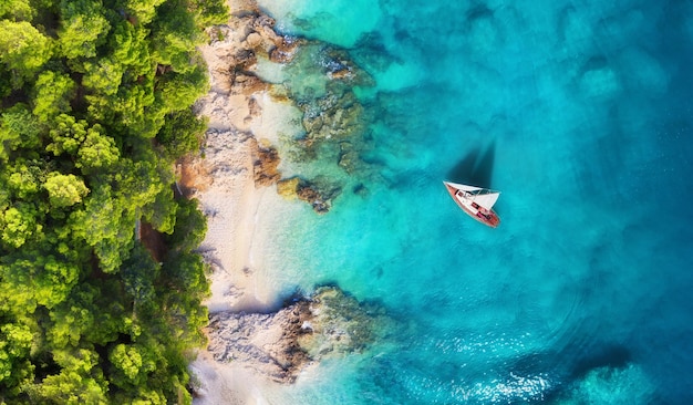 Croatia Panoramic coast and yacht as a background from top view Turquoise water background from top view Beach and waves Travel image