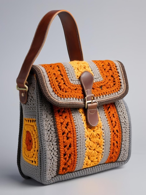 crochet bag with combination of gold and leather