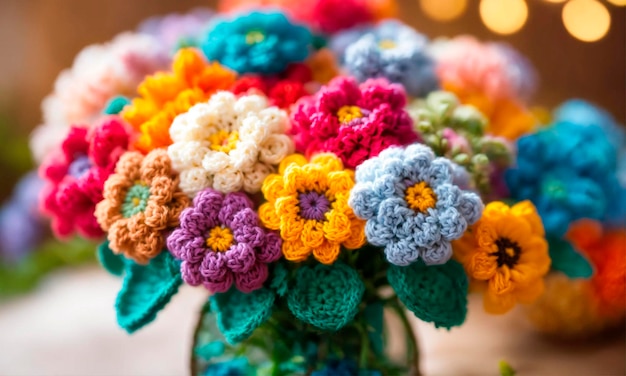 Crochet bouquet of flowers Selective focus