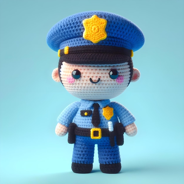 Photo crochet doll a police cute excited funny smiling wearing uniform and equipment is standing 3d render