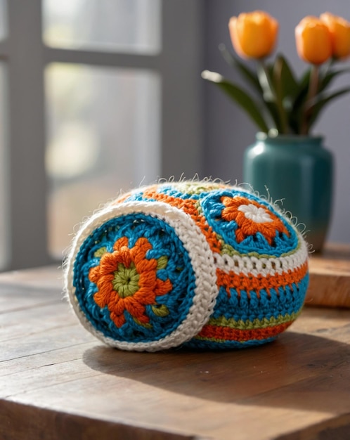 Photo a crochet hat is on a table next to a vase with flowers