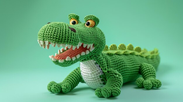 Crocheted crocodile toy lying on a green background