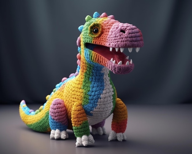 A crocheted dinosaur figure with a purple and blue rainbow colored head