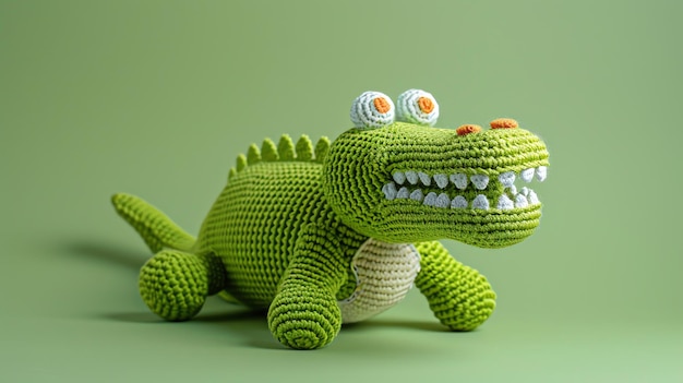 Photo a crocheted green alligator stuffed animal against a green background