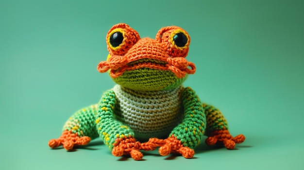 A crocheted green frog with orange limbs and a yellow pattern sits on a green background