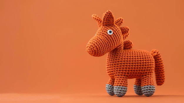 Photo a crocheted orange horse toy sits on an orange background