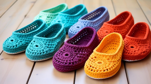 Crocheted slippers in a variety of sizes and colors pampering your feet at home