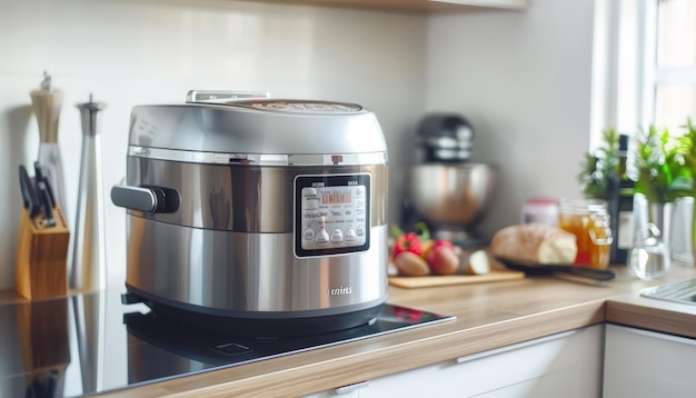 a crock pot sits on a counter next to some other kitchen items