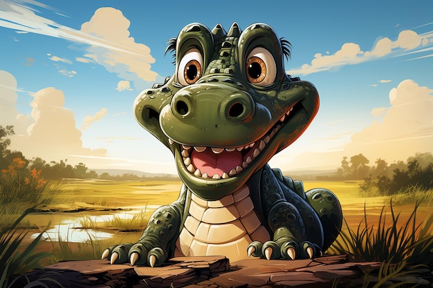 Crocodile Animal with Field Scene Cartoon Style