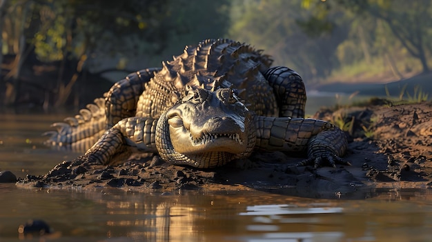 Crocodile basking in the sun near a river