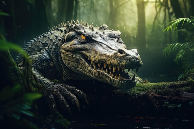 A crocodile is hunting in the forest