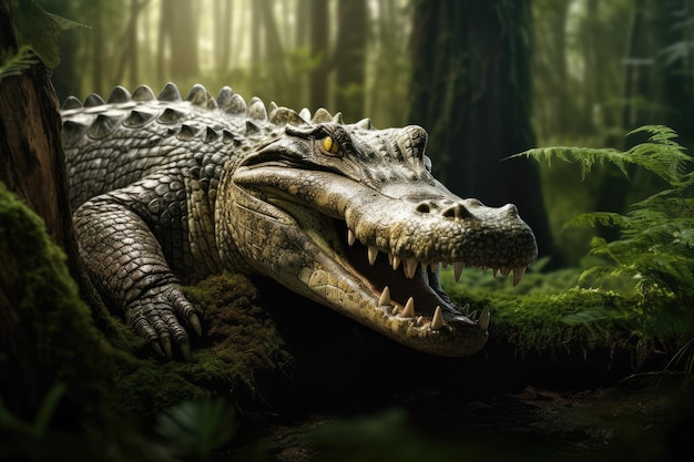 A crocodile is hunting in the forest