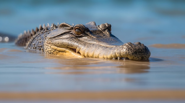 A crocodile is swimming in the water with its head above the water.