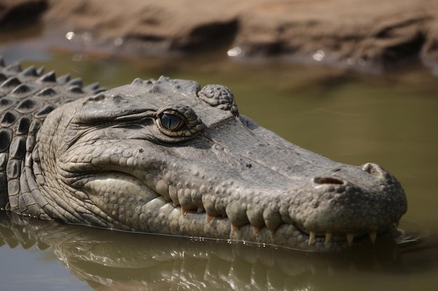 A crocodile is in the water with its mouth open.