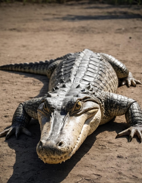 Photo a crocodile laying on the ground with a crocodile on its head