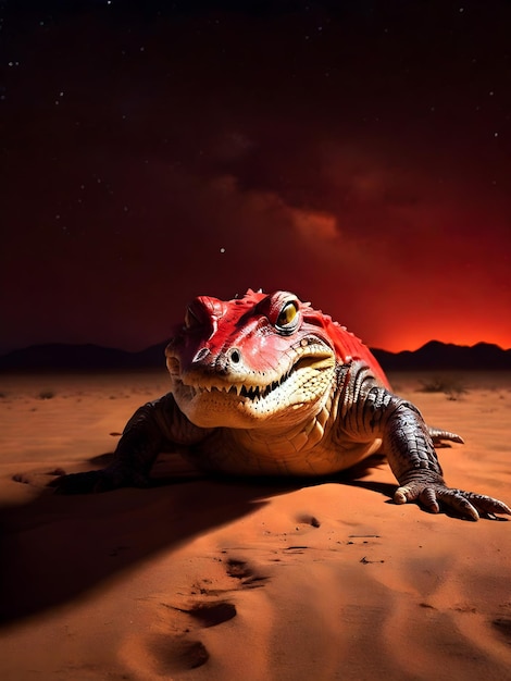 Crocodile under the red light of the desert