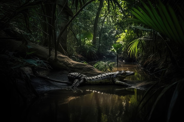 Crocodile rests by the river in the jungle generative IA