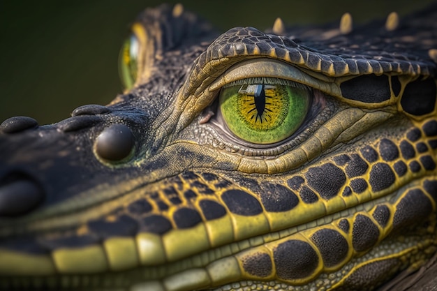 A crocodile's eye is shown in this close up image.