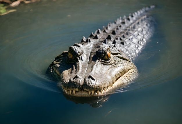 Crocodile s head partially submerged in water with its eye and snout visible above the surface