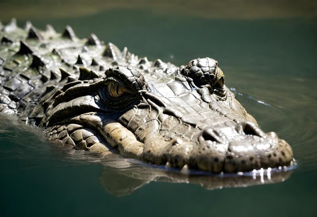 Photo crocodile s head partially submerged in water with its eye and snout visible above the surface