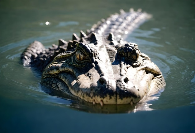 Crocodile s head partially submerged in water with its eye and snout visible above the surface