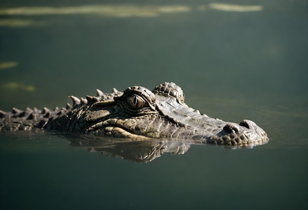 Crocodile s head partially submerged in water with its eye and snout visible above the surface