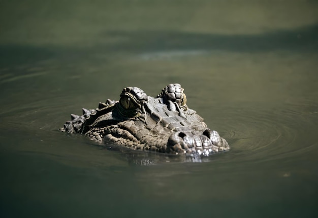 Crocodile s head partially submerged in water with its eye and snout visible above the surface