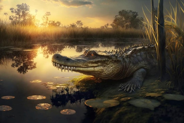 A crocodile sits on a bank next to a pond with a sunset in the background.