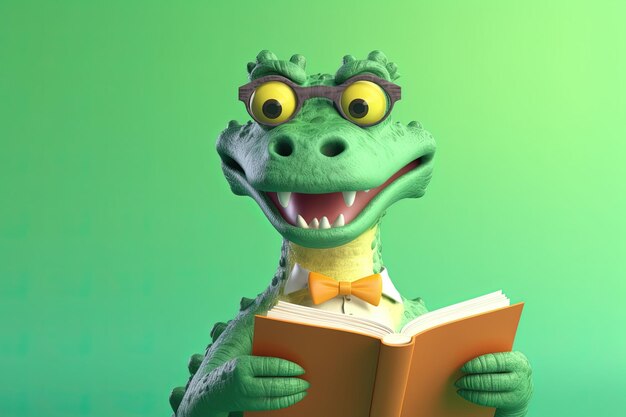 Crocodile Smiling Bookworm Character Wearing Glasses And Reading A Book Illustration Part Of Animals