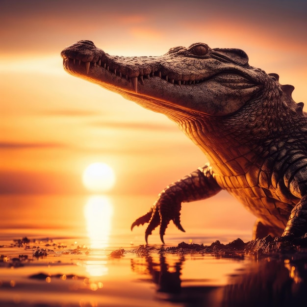 crocodile on sunset in the morning