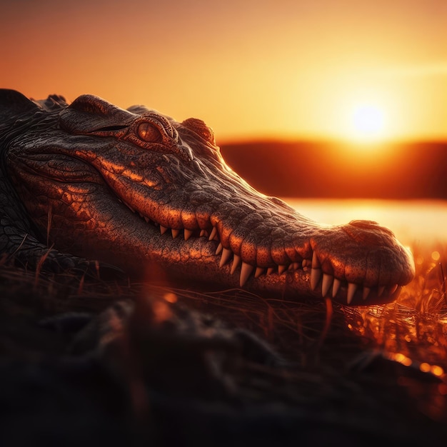 crocodile on sunset in the morning