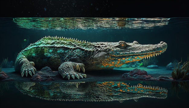 A crocodile in the water with reflections and ripples and a gator in the wild Generative Ai