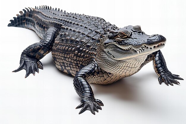 a crocodile with a black eye and a white background