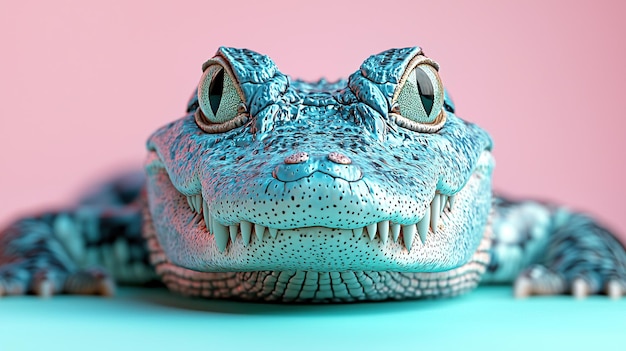 a crocodile with a blue and green head and a large eye