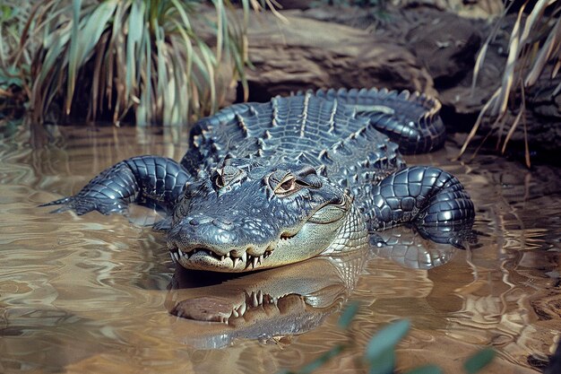 Photo a crocodile with a crocodile in the water and the word alligator on the bottom