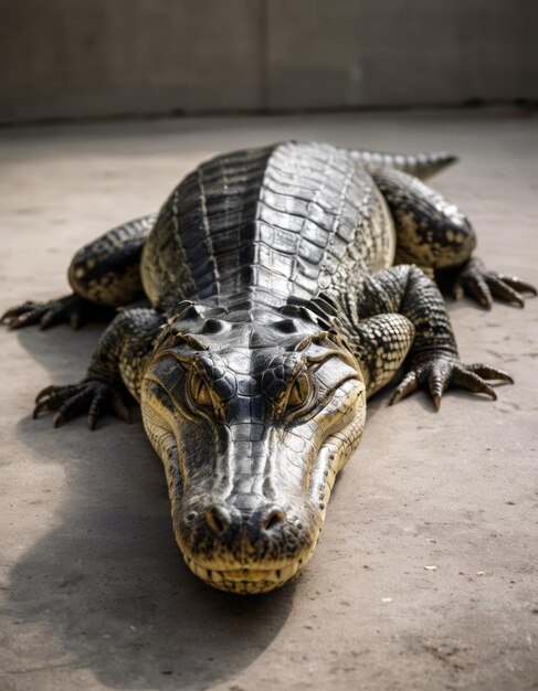 Photo a crocodile with eyes closed laying on a concrete floor