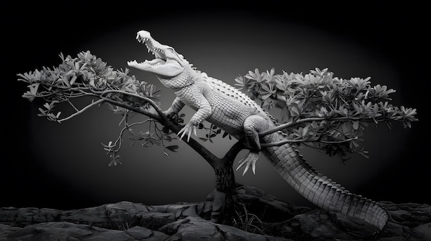 Crocodile With A Hat On Its Head Sits On A Branch