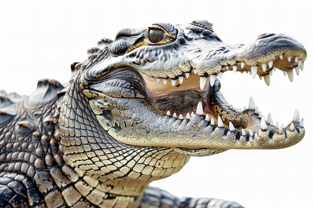 A crocodile with its mouth open isolated on white background photo realistic image high resolution