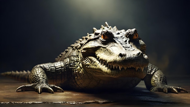 Photo a crocodile with a large head and eyes and a large alligator on the right